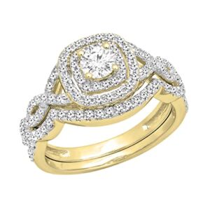 Dazzlingrock Collection Round White Diamond Criss Cross Style with Matching Band Engagement Ring Set for Women (1.00 ctw, Color H-I, Clarity SI2) in 18K Yellow Gold Size 6
