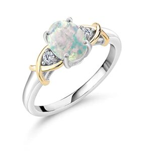 Gem Stone King 2 Tone 10K Yellow Gold and 925 Sterling Silver Oval Cabochon White Simulated Opal and Lab Grown Diamond Women Ring (1.08 Cttw) (Size 6)