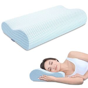 Anvo Memory Foam Pillow, Neck Contour Cervical Orthopedic Pillow for Sleeping Side Back Stomach Sleeper, Ergonomic Bed Pillow for Neck Pain – Blue White, Firm