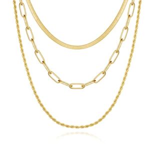 KELORIS PATH Gold Layered Necklaces for Women, 14K Gold Plated Rope Cuban Paperclip Snake Figaro Satellite Toggle Clasp Choker Chain Necklaces 3 Pcs Link Necklaces Set(#1 Snake&3mm Paperclip&Rope)