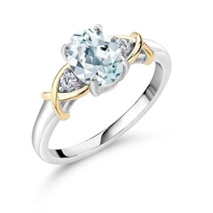 Gem Stone King 2 Tone 10K Yellow Gold and 925 Sterling Silver Sky Blue Aquamarine and Lab Grown Diamond Women Ring (1.28 Cttw, Available in Size 5,6,7,8,9)