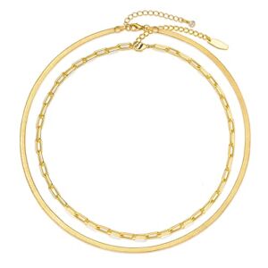 Tewiky Layered Gold Necklaces for Women, Dainty Layered Herringbone Paperclip Necklace Simple Trendy Gold Chain Choker Necklaces Gold Plated Snake Chain Necklaces for Women Girls