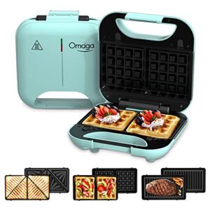 Omaiga Sandwich Maker 3 in 1, Waffle Maker, 750W Electric Panini Press Grill with Non-stick Removable Plates, Sandwich Press with LED Indicator Lights, Anti-Skid Feet, Portable Handle, Green