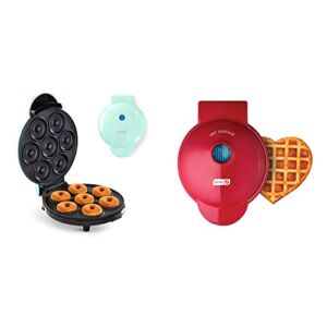 Dash Mini Donut Maker Machine for Kid-Friendly Breakfast, Snacks, Desserts & More with Non-stick Surface, Makes 7 Doughnuts – Aqua & Mini Waffle Maker Machine, Red Heart 4 Inch
