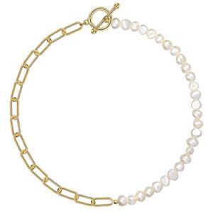Cowlyn Paper Clip Pearl Necklace Vintage Chunky Link Chain Baroque Cultured Pearls 18K Gold Choker Fashion Retro Charm Valentine Jewelry for Women Girls(with Gift Box)