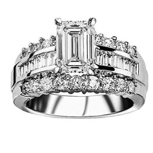 14K White Gold 4 Carat LAB GROWN IGI CERTIFIED DIAMOND Channel Set Baguette and Round Emerald Cut Diamond Engagement Ring (H-I Color VS1-VS2 Clarity 3 Ct Center)