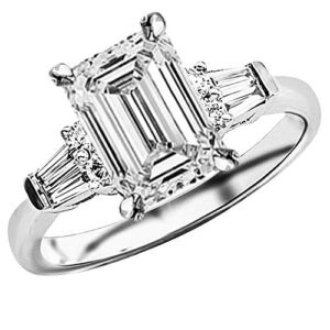 Platinum 2 Carat LAB GROWN IGI CERTIFIED DIAMOND Prong Set Round And Baguette Emerald Cut Diamond Engagement Ring (H-I Color VS1-VS2 Clarity 1.5 Ct Center)