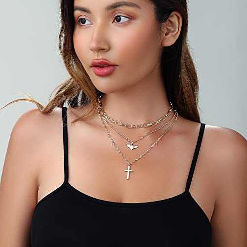 wgoud 9PCS Dainty Gold Multi Layered Pendant Choker Necklaces for Women, 14K Gold Plated Paperclip Chain Necklace Simple Cute Cross Heart Butterfly Pendant Necklace for Women. (StyleB Gold) | The Storepaperoomates Retail Market - Fast Affordable Shopping