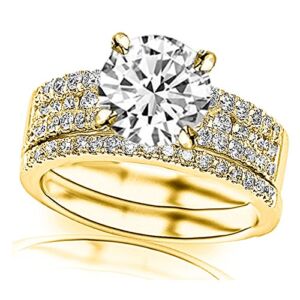 14K Yellow Gold 1.25 Carat LAB GROWN IGI CERTIFIED DIAMOND Three Row Prong And Middle Row Channel Set Round Diamonds Engagement Ring and Wedding Band Set (H-I Color VS1-VS2 Clarity 0.75 Ct Center)
