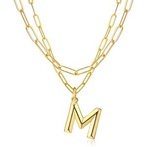 KRFY Dainty Layered Initial Necklaces for Women, 14K Gold Plated Paperclip Chain Necklace Simple Cute M Letter Polished Beveled Edge Initial Pendant Choker Necklace Gold Layered Necklaces for Women