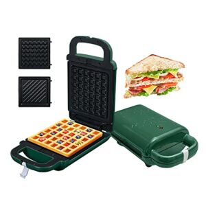 Electric Sandwich Maker 2-in-1Mini Waffle Maker with Removable Anti-Overflow Nonstick Grids, LED Indicator Lights for Individuals on the Go Breakfast, Lunch, Snack,Desserts (Green)