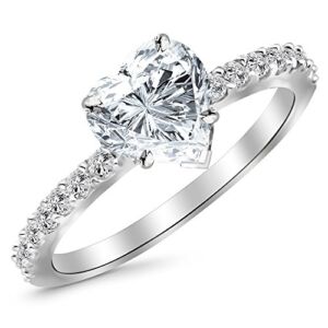14K White Gold 1 Carat LAB GROWN IGI CERTIFIED DIAMOND Classic Side Stone Pave Set Heart Cut Diamond Engagement Ring (D-E Color VS1-VS2 Clarity 0.75 Ct Center)