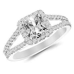 14K White Gold 1.25 Carat LAB GROWN IGI CERTIFIED DIAMOND Halo Style Double Row Pave Set Designer Cushion Cut Diamond Engagement Ring (I-J Color SI1-SI2 Clarity 0.75 Ct Center)