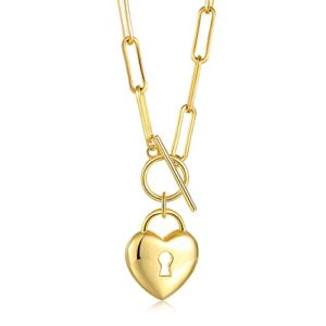 Gold Paperclip Link Toggle Necklace – 925-Sterling-Silver 18K Gold Heart / Conch Seashell Layered Paperclip Link Heart Lock Jewelry for Girls, Luxury Heart Cowrie Shell Toggle Clasp Pendant Necklace with Paperclip Chain for Women (Heart Lock)