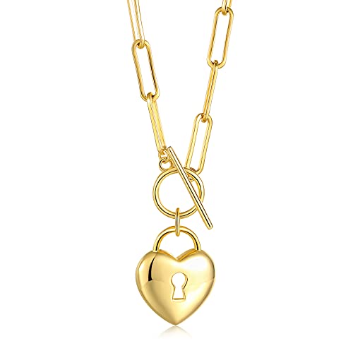 Gold Paperclip Link Toggle Necklace – 925-Sterling-Silver 18K Gold Heart / Conch Seashell Layered Paperclip Link Heart Lock Jewelry for Girls, Luxury Heart Cowrie Shell Toggle Clasp Pendant Necklace with Paperclip Chain for Women (Heart Lock) | The Storepaperoomates Retail Market - Fast Affordable Shopping