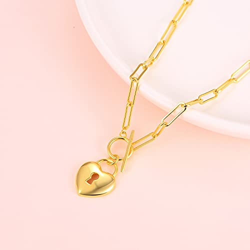 Gold Paperclip Link Toggle Necklace – 925-Sterling-Silver 18K Gold Heart / Conch Seashell Layered Paperclip Link Heart Lock Jewelry for Girls, Luxury Heart Cowrie Shell Toggle Clasp Pendant Necklace with Paperclip Chain for Women (Heart Lock) | The Storepaperoomates Retail Market - Fast Affordable Shopping
