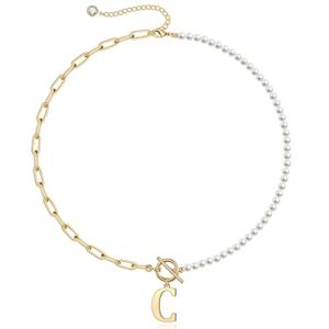 Gold Initial Pearl Necklaces for Women, 14K Gold Plated Paperclip Link Chain Toggle Clasp Dainty Big Letter C Necklace Pearl Initial Choker for Women Initial Pendant Beaded Necklaces for Women Gold Jewelry Gifts Teen Girl Teenage