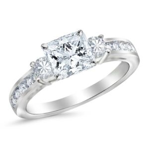 Platinum 2.25 Carat LAB GROWN IGI CERTIFIED DIAMOND Channel Set 3 Three Stone Princess Cut Diamond Engagement Ring (H-I Color VS1-VS2 Clarity 1.5 Ct Center)