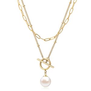 HOKEMP Gold Layered Pearl Necklace for Women, 14K Gold Plated Pearl Pendant Necklace Paperclip Chain Necklaces Jewelry Gift