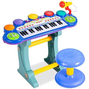 Best Choice Products 37-Key Kids Electronic Musical Instrument Piano Learning Toy Keyboard w/ Multiple Sounds, Lights, Microphone, Stool – Blue