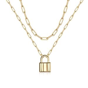 Gold Layered Lock Necklaces for Women, 14K Gold Plated Padlock Dainty Paperclip Chain Necklace for Women Lock Pendant Choker Necklaces for Women Gold Layering Lock Necklaces