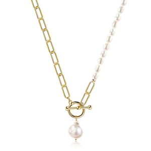 Cowlyn Baroque Pearl Pendant Necklace Paperclip Link Chain Chunky 18K Gold Retro Charm Handmade Statement Trendy Jewelry for Women