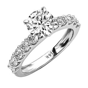 3 Carat Classic Lab 14K White Gold Synthetic Lab Grown Round Classic Elegant Single Row Prong Set Side Stone IGI Certified Diamond Engagement Ring (2 Ct, H-I Color, VS1-VS2 Clarity Center)