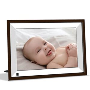 Digital Picture Frame，JREN 10.1 inch WiFi Digital Photo Frame with HD Touch Screen Auto-Rotate， Share Photos and Videos via FRAMEO App Anytime and Anywhere Plastic Frame Color Brown