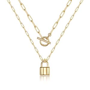 Layered Lock Necklaces for Women Teen Girls, 14K Gold Plated Toggle Clasp Paperclip Chain Necklace Mini Lock Pendant Necklace Gold Jewelry Padlock Link Chain Necklace for Women Jewelry Gifts