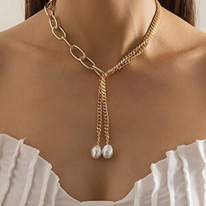 JWICOS Gold Layered Paperclip Cuban Chunky Chain Necklace Simple Pearl Pendant Choker Necklace Boho Necklace for Women and Girls (Gold)