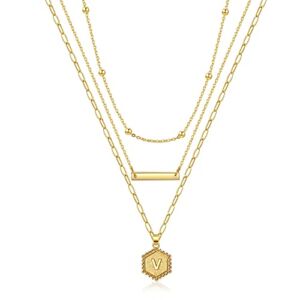 （V）JEWLURE l Women’s Gold Initial Necklace, Delicate 14K Gold Plated Layered Paperclip Chain Necklace, 26 Letter Detachable Jewelry Gift