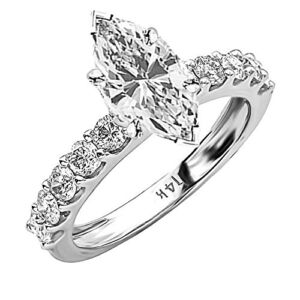 14K White Gold 3 Carat LAB GROWN IGI CERTIFIED DIAMOND Classic Side Stone Prong Set Marquise Cut Diamond Engagement Ring (I-J Color SI1-SI2 Clarity 2 Ct Center)