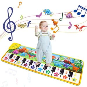 M SANMERSEN Piano Mat for Kids, 43” x 14” Dinosaur Floor Keyboard Music Dance Play Mat with 10 Demo Songs/ 8 Dinosaur Sounds/ Adjustable Volume/ Record/ Playback Musical Mat Toys Gift for Boys Girls