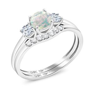Gem Stone King 10K White Gold Simulated Opal White Created Sapphire and Lab Grown Diamond Women 3-Stone Bridal Engagement Wedding Ring Set (0.83 Cttw, Available in size 5, 6, 7, 8, 9)