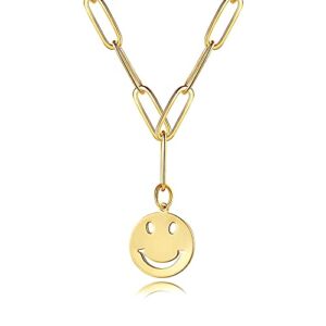 14K Gold Smiley Face Necklace Cute Round Stainless Steel Preppy Necklace Gold Happy Face Necklace For Women Girls (Paperclip Chain)