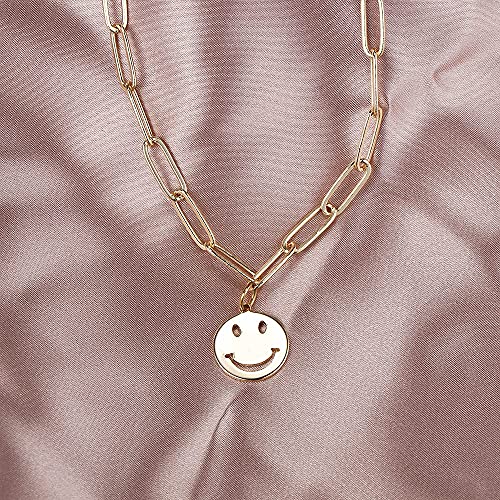 14K Gold Smiley Face Necklace Cute Round Stainless Steel Preppy Necklace Gold Happy Face Necklace For Women Girls (Paperclip Chain) | The Storepaperoomates Retail Market - Fast Affordable Shopping