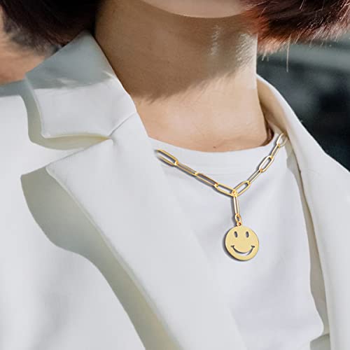14K Gold Smiley Face Necklace Cute Round Stainless Steel Preppy Necklace Gold Happy Face Necklace For Women Girls (Paperclip Chain) | The Storepaperoomates Retail Market - Fast Affordable Shopping