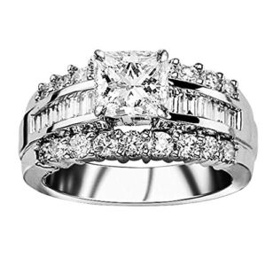 2 Carat Classic Lab 14K White Gold Synthetic Lab Grown Princess Designer Baguette Round Channel IGI Certified Diamond Engagement Ring (1 Ct, I-J Color, SI1-SI2 Clarity Center)