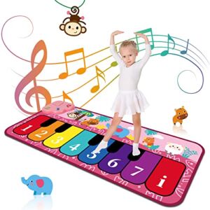 M SANMERSEN Piano Mat for Kids, Keyboard Music Dancing Play Mat with 5 Animal Sounds Electronic Touch Musical Playmat Game Toy Early Education Learning Toys Gift for Toddler Girls and Boys – Pink