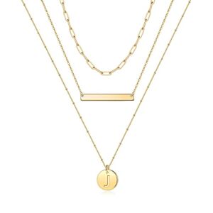 Turandoss Gold Layered Initial Necklaces for Women, Handmade 14K Gold Plated Paperclip Chain Necklace Cute Bar Necklace Disc Letter Initial Necklace Layered Necklaces for Women Gold Jewelry(J)