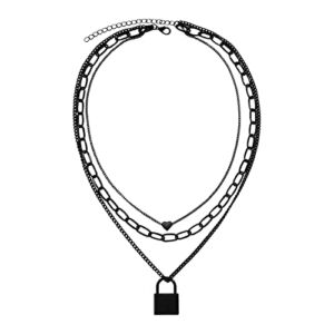 Paperclip Necklace Chain Necklaces for Women Black Metal Three Layer Punk Necklace Fashion Pendant Woman Necklace Link Chain Necklace- Girl Jewelry (Black, One Size)
