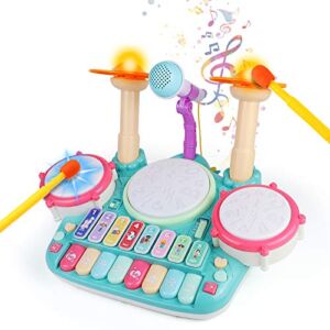 Baby Musical Toys Drum Set for Toddlers 1-3 Year Old Kids Musical Instruments Toy with Microphone Lights Piano Keyboard Early Learning Educational Music Toy for Girls Boys 12 Months Up Birthday