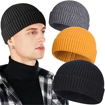 3 Pack Wool Fisherman Beanies for Men, Short Knit Watch Cap Cuffed Trawler Hats,A | The Storepaperoomates Retail Market - Fast Affordable Shopping