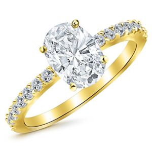14K Yellow Gold 2.25 Carat LAB GROWN IGI CERTIFIED DIAMOND Classic Side Stone Pave Set Oval Cut Diamond Engagement Ring (E-F Color SI1-SI2 Clarity 2 Ct Center)