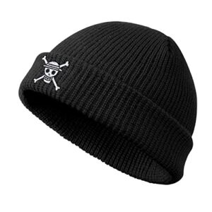 Black Anime Embroidered Fisherman Beanie Hats for Men Women-Winter Warm Stretchable Knit Stylish Short Beanie Hat