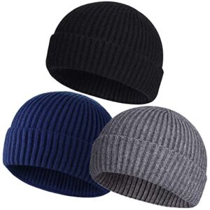 3 Pieces Short Fisherman Beanie for Men Women, Swag Wool Knit Cuff Trawler Skullcap,Winter Warm Hats