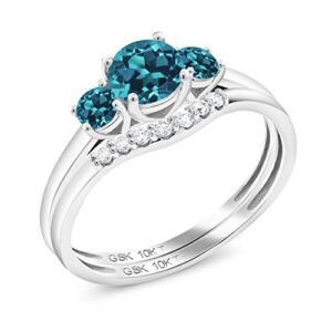 Gem Stone King 0.83 Ct Round London Blue Topaz 10K White Gold Lab Grown Diamond Women 3-Stone Bridal Engagement Wedding Ring Set (Size 8)