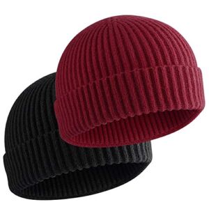 choshion 2PCS Warm Wool Fisherman Beanie for Men Women Cuffed Knit Short Winter Hats,C