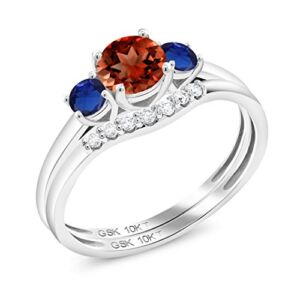 Gem Stone King 0.88 Ct Red Garnet Blue Created Sapphire 10K White Gold Lab Grown Diamond Women 3-Stone Bridal Engagement Wedding Ring Set (Size 5)