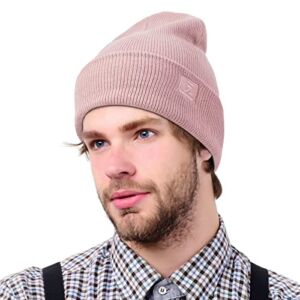 GADIEMKENSD Knitted Cuff Beanie Hats for Men Women Winter Hat Warm Thick Skull Caps Soft Stretch Daily Beanies Fisherman Hats Gifts for Teen Boys Girls Women’s Roll-up Edge Skullcap Pink/Ash Rose